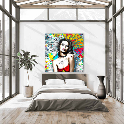 Bedroom wall decor of woman against vibrant graffiti ink and vibrant colors. Umbrella Ink Pop-Graphique Addictions.