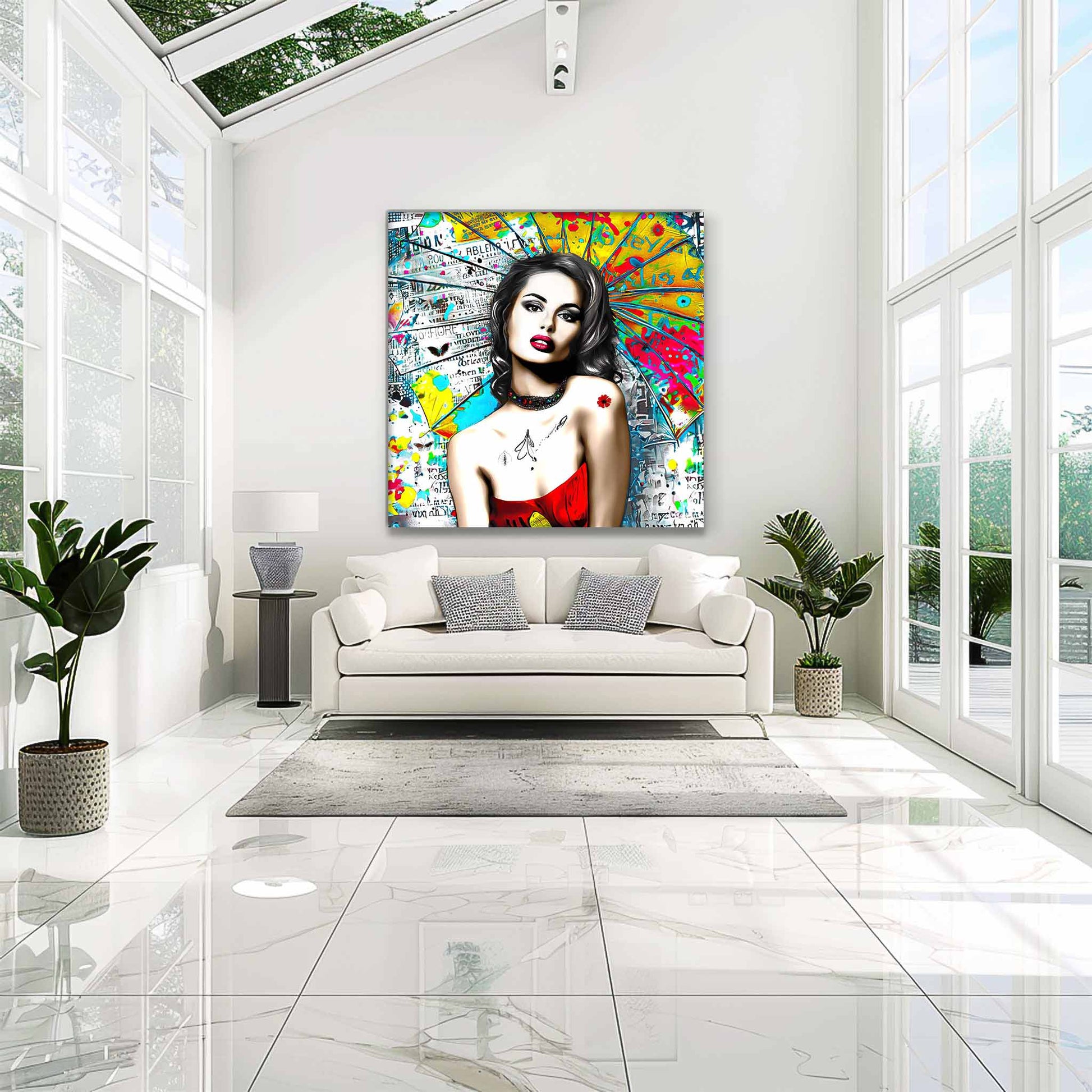 Living room wall decor of woman against vibrant graffiti ink and vibrant colors. Umbrella Ink Pop-Graphique Addictions.