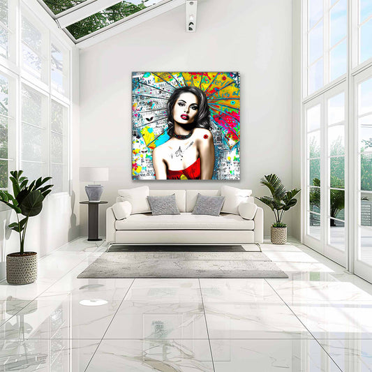 Living room wall decor of woman against vibrant graffiti ink and vibrant colors. Umbrella Ink Pop-Graphique Addictions.