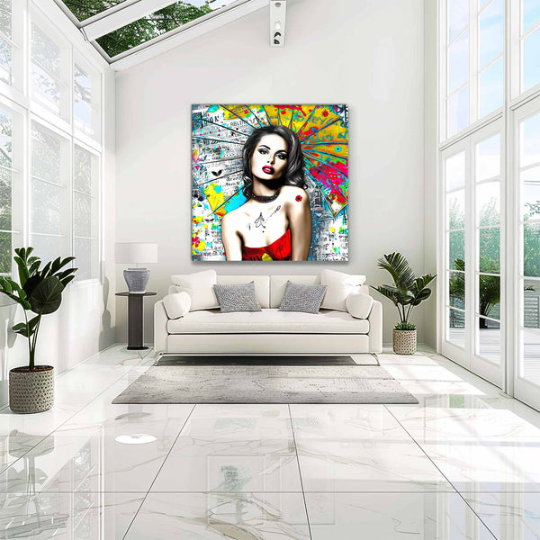 Living room wall decor of woman against vibrant graffiti ink and vibrant colors. Umbrella Ink Pop-Graphique Addictions.