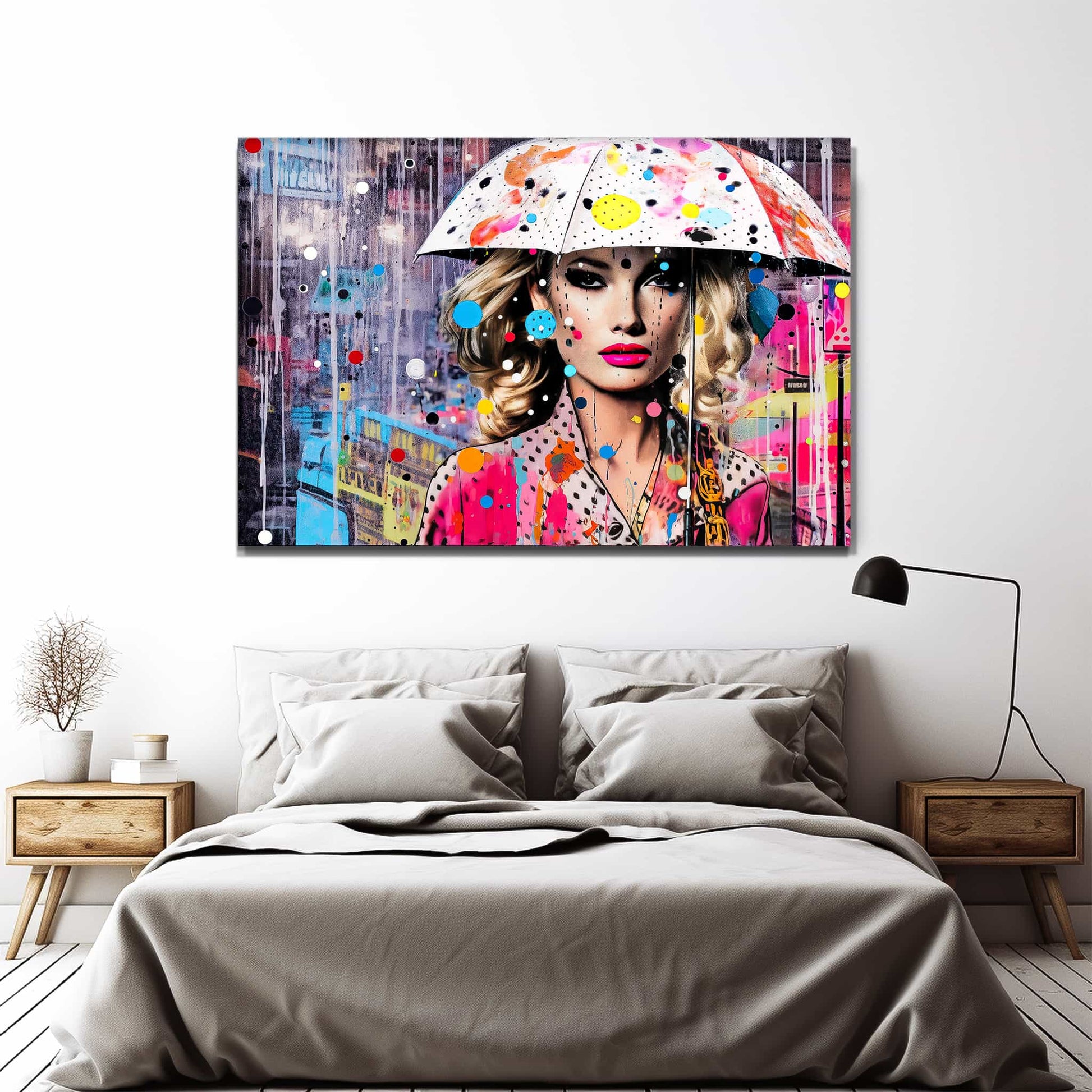 Bedroom wall decor of a Blonde woman in a polka-dot dress with a colorful umbrella, set against a rain-soaked cityscape with pink and blue street art. Vibrant Drizzle Elegance-Graphique Addictions