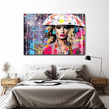 Bedroom wall decor of a Blonde woman in a polka-dot dress with a colorful umbrella, set against a rain-soaked cityscape with pink and blue street art. Vibrant Drizzle Elegance-Graphique Addictions