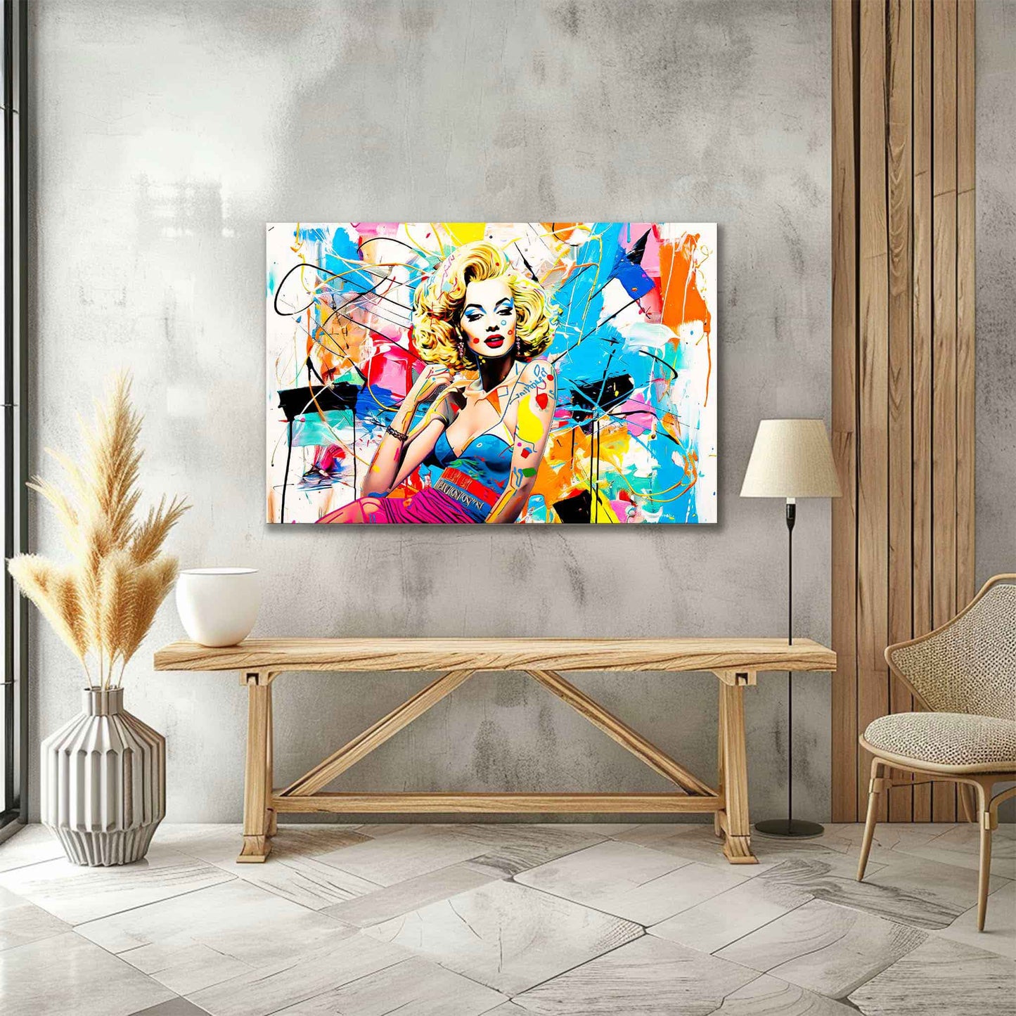 Marilyn Monroe against a backdrop of colorful abstract graffiti and paint splashes. Hallway wall decor-Vogue Vandal-Graphique Addictions