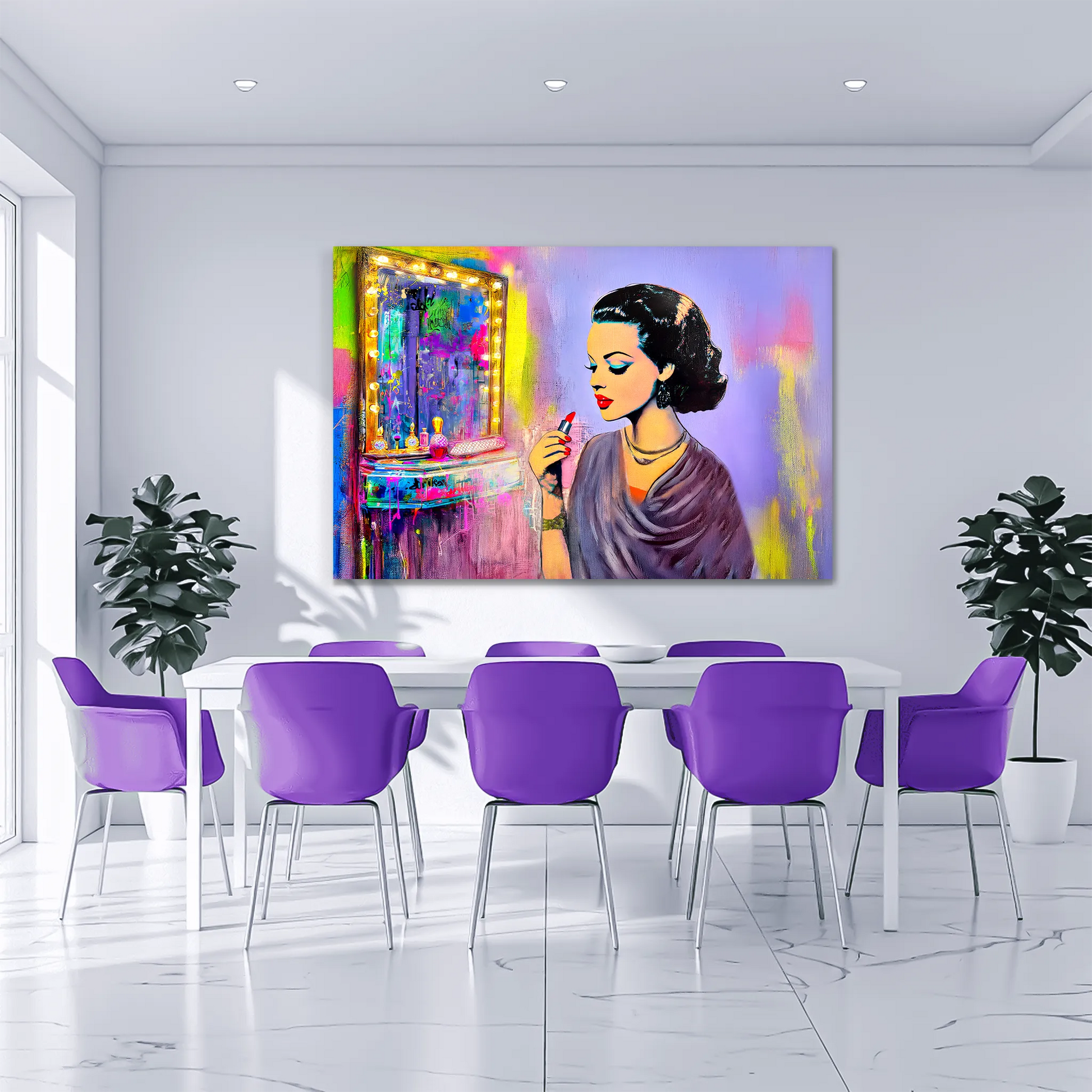 Dining room with a colorful painting of a woman applying lipstick in front of a vanity mirror on the wall, purple chairs, and a white table.dark haired woman applying lipstick in front of a vanity mirror, with vintage makeup tools and colorful bold color. Hollywood Vintage Starlet-Graphique Addictions.
