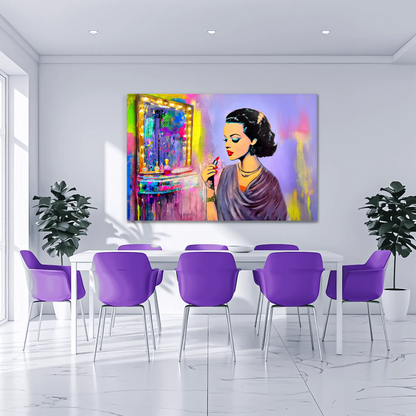 Dining room with a colorful painting of a woman applying lipstick in front of a vanity mirror on the wall, purple chairs, and a white table.dark haired woman applying lipstick in front of a vanity mirror, with vintage makeup tools and colorful bold color. Hollywood Vintage Starlet-Graphique Addictions.