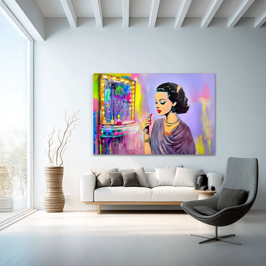 living room wall decor of dark haired woman applying lipstick in front of a vanity mirror, with vintage makeup tools and colorful bold color. Hollywood Vintage Starlet-Graphique Addictions.