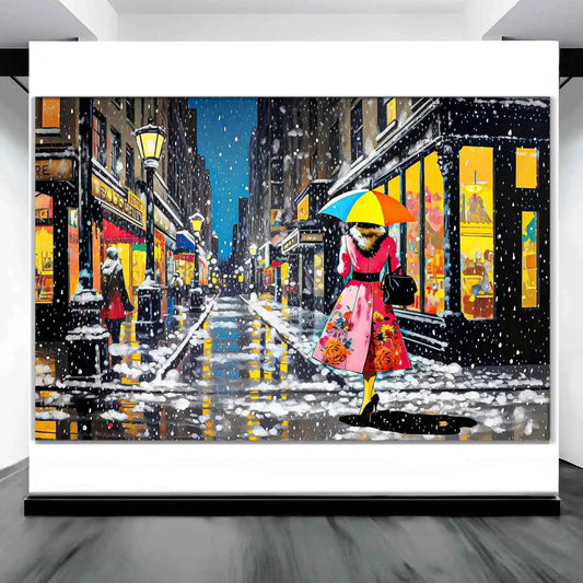Art gallery display of Woman in pink rose dress with umbrella walks snowy Paris street, lit by yellow lights, in vibrant oil painting style. Vintage Snowflakes-Graphique Addictions