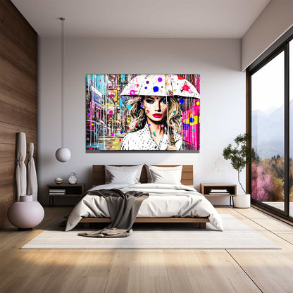 Bedroom Wall Decor of woman holding a white umbrella with colorful dotted paint splatters. Vivid Vogue Rainfall, Graphique Addictions.