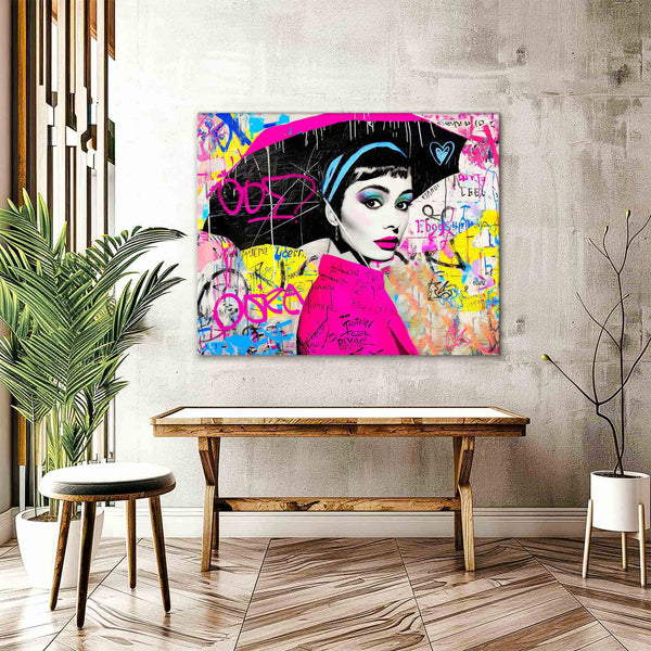 Hallway mockup of colorful graffiti pop art portrait of Audrey Hepburn holding an umbrella. Graffiti Drizzle, Graphique Addictions.