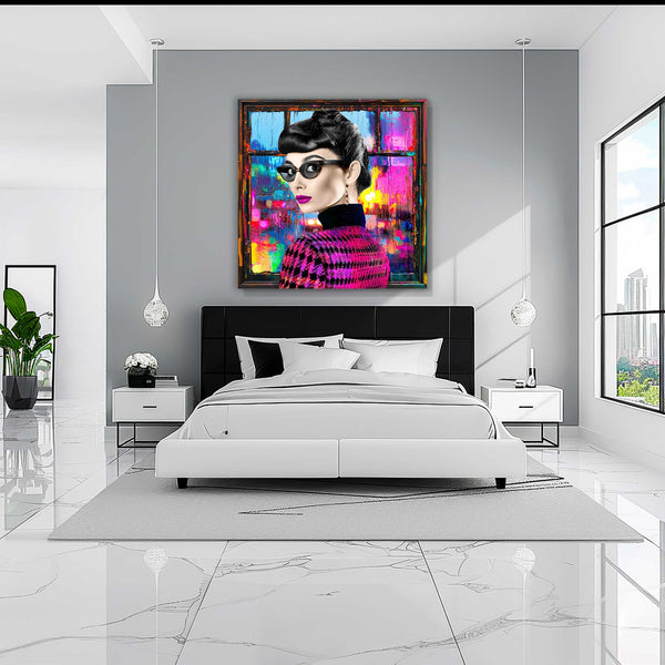 Audrey Hepburn wearing sunglasses and a houndstooth sweater against a window with psychedelic abstract reflections and bold colors, bedroom wall decor. Audrey's Cyber Reflections-Graphique Addictions.