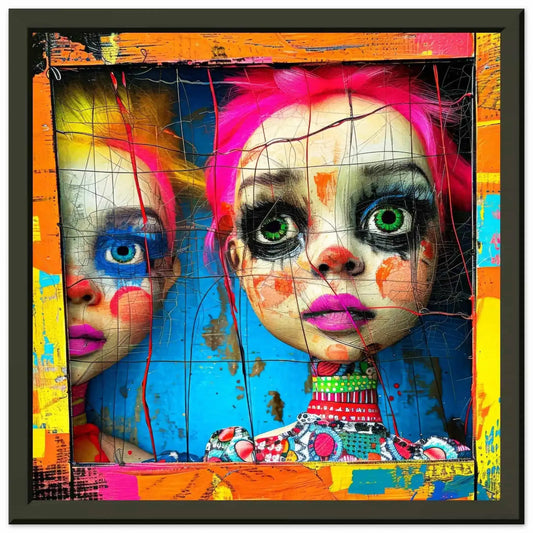 Two porcelain dolls gazing from a vibrant wooden window in black metal frame. Abstract Dollhouse-Graphique Addictions artwork.