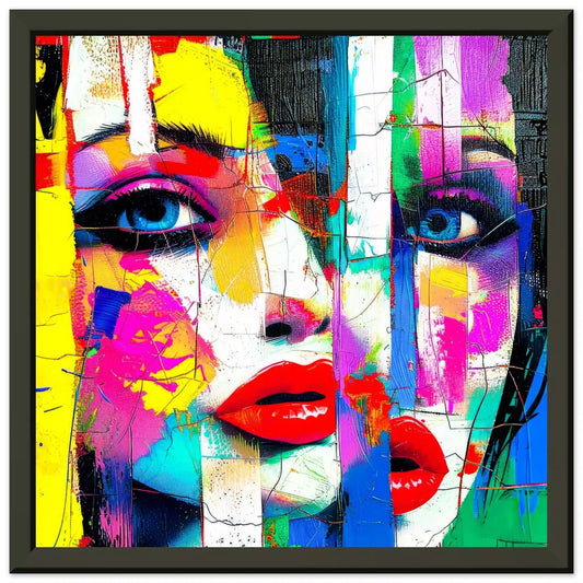 Black metal frame print of woman's face composed of geometric shapes in vibrant colors, aluminum print. Abstract-Femme, Graphique Addictions.