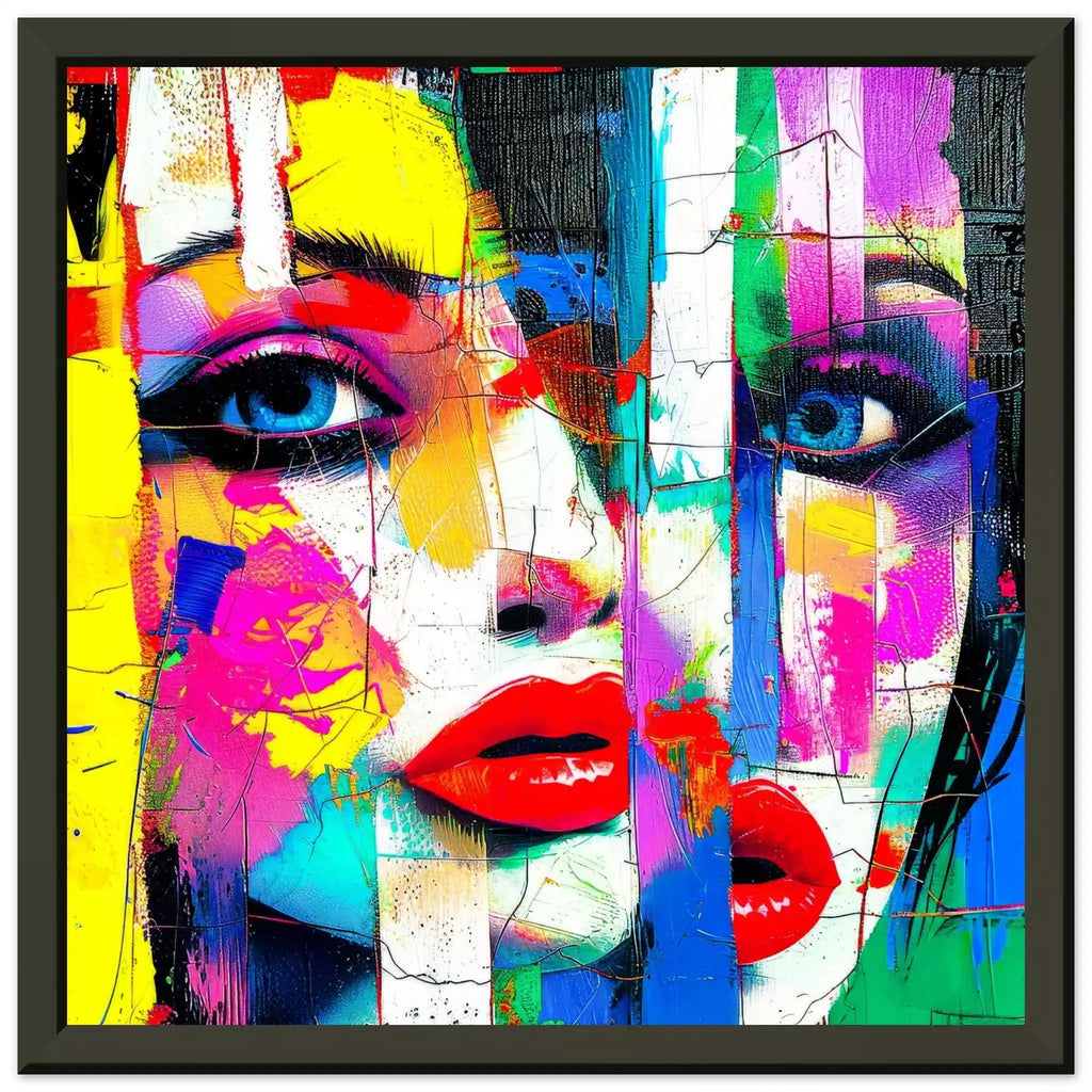 Black metal frame print of woman's face composed of geometric shapes in vibrant colors, aluminum print. Abstract-Femme, Graphique Addictions.