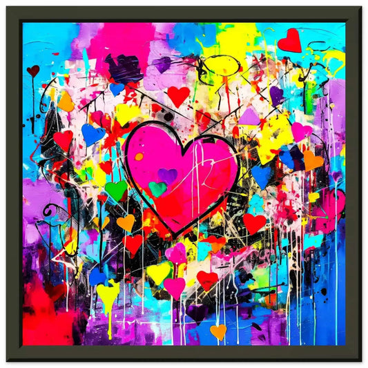 Black metal framed print of large pink heart surrounded by smaller hearts and paint splashes, aluminum print. Abstract Heart Splatters, Graphique Addictions.