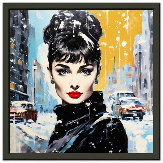 Frosty Elegance: Portrait of Audrey Hepburn standing on a snowy city street with vintage cars in a black metal frame-Graphique Addictions.