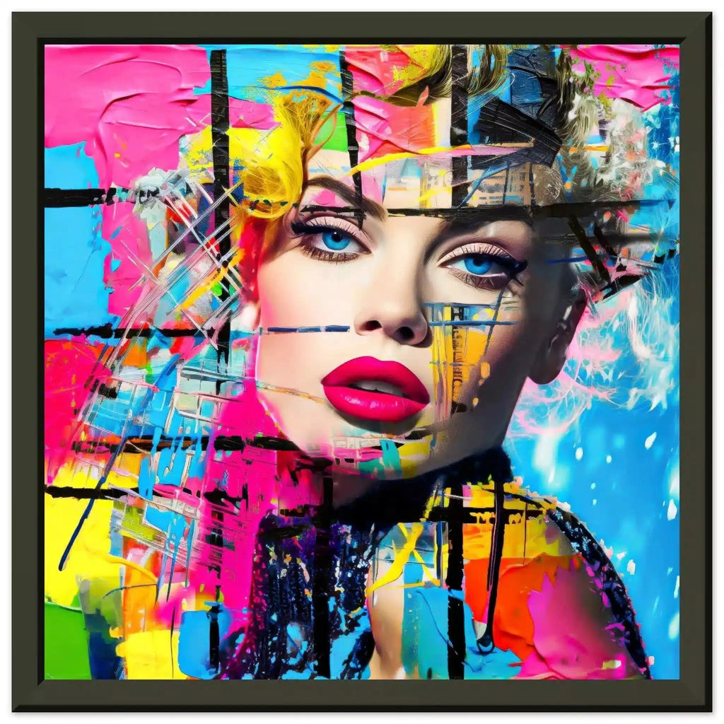 Chroma Blended Fusion: Abstract portrait of a woman surrounded by neon geometric shapes and glitch effects in a black metal frame-Graphique Addictions.