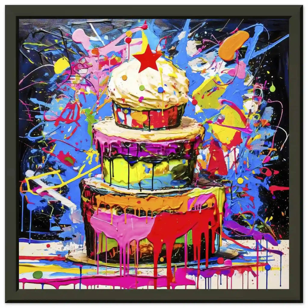 Chromatic Cake Confection: Multi-tiered birthday cake with colorful frosting dripping down its sides, neon paint splashes in a black metal frame. Graphique Addictions.