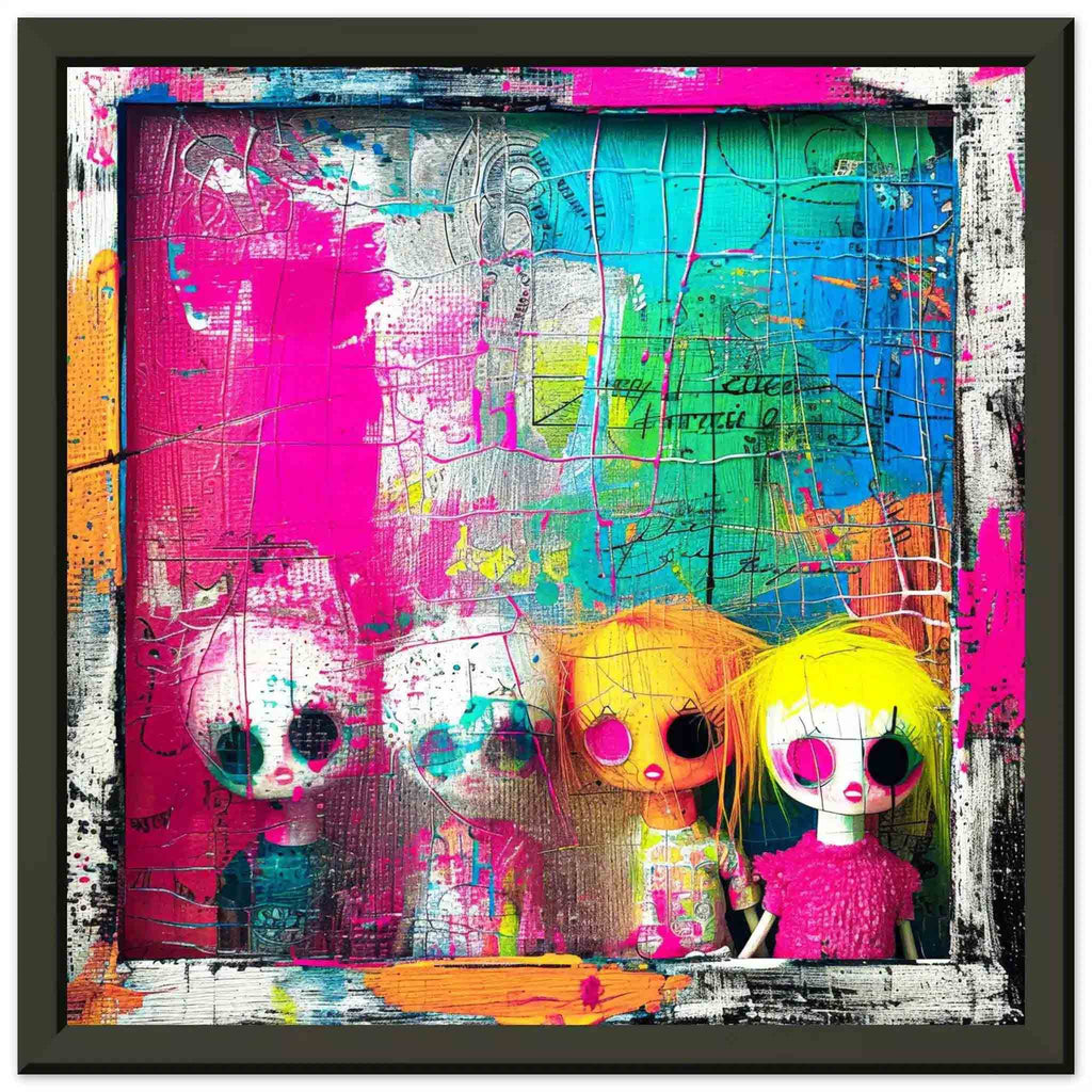 Black metal framed art print featuring kawaii dolls in a window with neon colors and paint splashes titled Dollhouse Surrealism-Graphique Addictions.