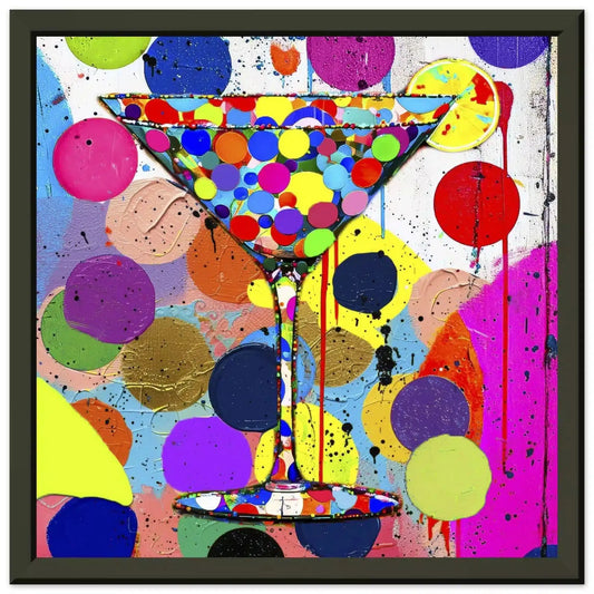 Black metal framed art print of a multi-colored polka-dotted martini glass and colorful dots in the background. Titled: Dotted Martini Delight-Graphique Addictions.