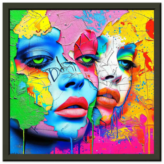 Black metal framed art print of 2 women's multi-colored porcelain faces that blend into a colorful painted background. Titled: Dual Pop Persona-Graphique Addictions. 