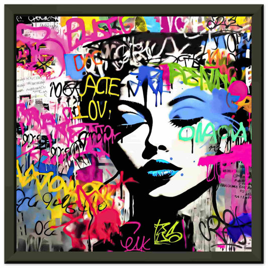 black metal framed graffiti art print close-up of a woman’s face with her eyes closed wearing blue lipstick and eyeshadow surrounded by colorful graffiti text. 