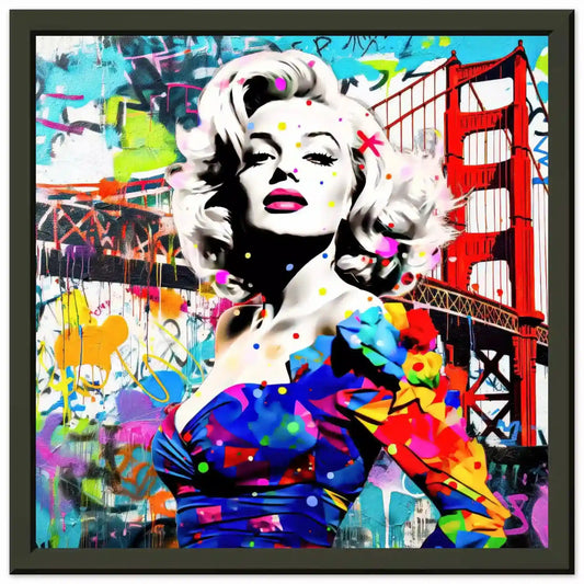 Black metal framed print featuring Marilyn Monroe in a colorful blue dress, standing in front of the Golden Gate Bridge, made of colorful graffiti and paint splashes.Titled: Golden Gate Graffiti-Graphique Addictions.