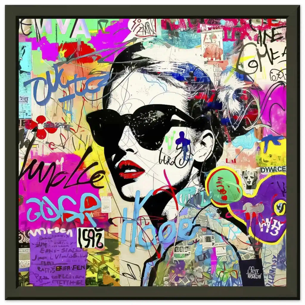 Black metal framed art of a woman wearing sunglasses with tattoes on her body and face. Surrounded by street-style stickers, labels, numbers, letters, and symbols in vibrant colors. Titled: Graffiti Chic Chronicles-Graphique Addictions.