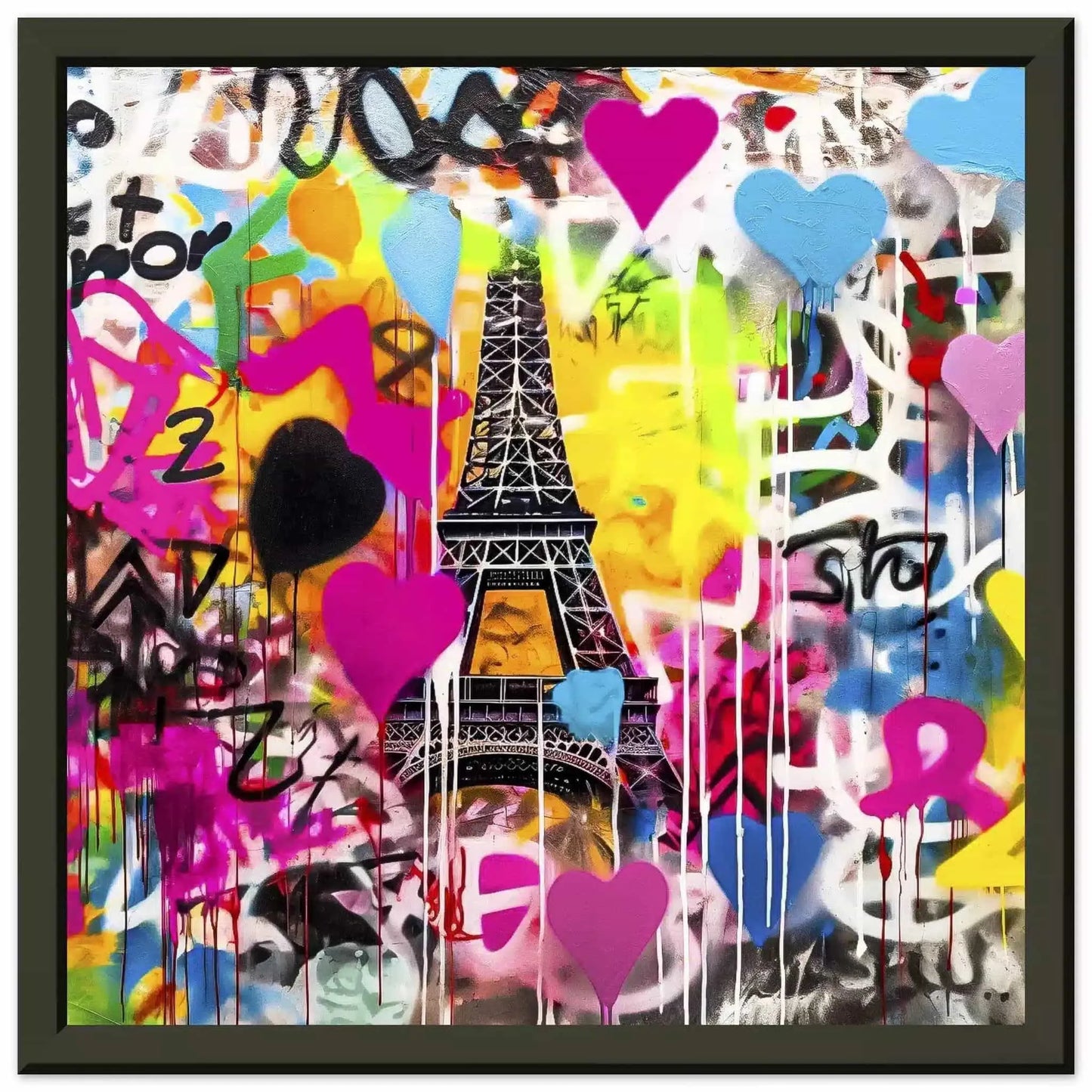 Black metal framed graffiti art print of the Eiffel Tower with colorful splashes, drips, and bold hearts in bright pink, blue, yellow, orange, and black-and-white. Title: Graffiti Paris-Graphique Addictions.