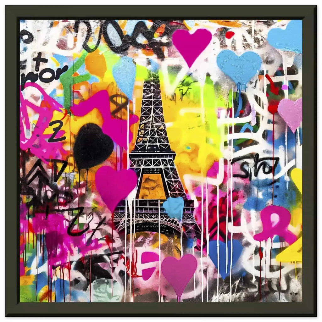Black metal framed graffiti art print of the Eiffel Tower with colorful splashes, drips, and bold hearts in bright pink, blue, yellow, orange, and black-and-white. Title: Graffiti Paris-Graphique Addictions.