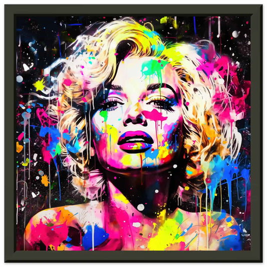 Black metal framed print of Marilyn Monroe's face splattered with colorful paint. Marilyn's Splatter-Sensation-Graphique Addictions.