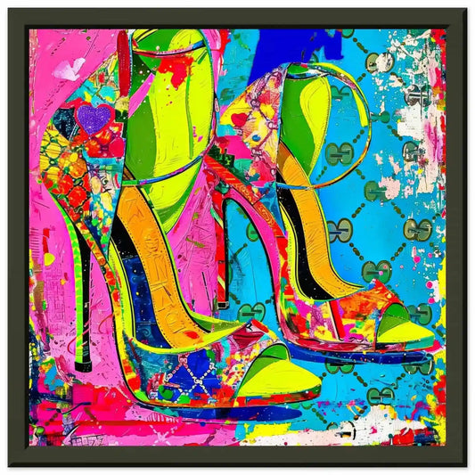 Black metal framed print of High heel shoes against colorful abstract background with splashes of color and shapes, in shades of lime green, hot pink, bright blue, and yellow. Neon Gucci Pumps-Graphique Addictions.