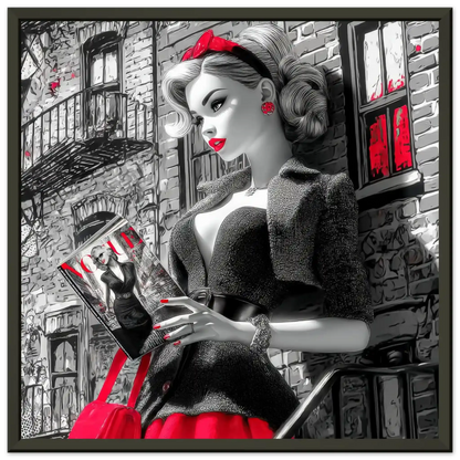 Black and white art of a fashion doll wearing a red skirt and black blazer, on a NYC street corner holding a magazine-black-12x12-inches-metal-framed-print-nyc-noir-doll, Graphique Addictions