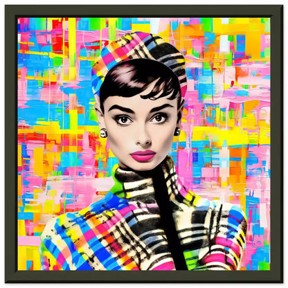 Black metal frame print featuring Audrey Hepburn on Multicolored Plaid Background.