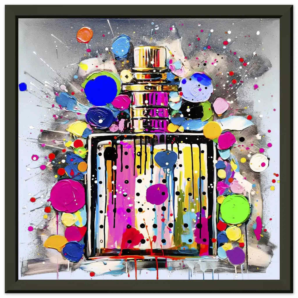 Black metal framed print of perfume Bottle Paint Splash Pop Art - Polka Pop Aroma Canvas Print-Polka Pop Aroma-Graphique Addictions