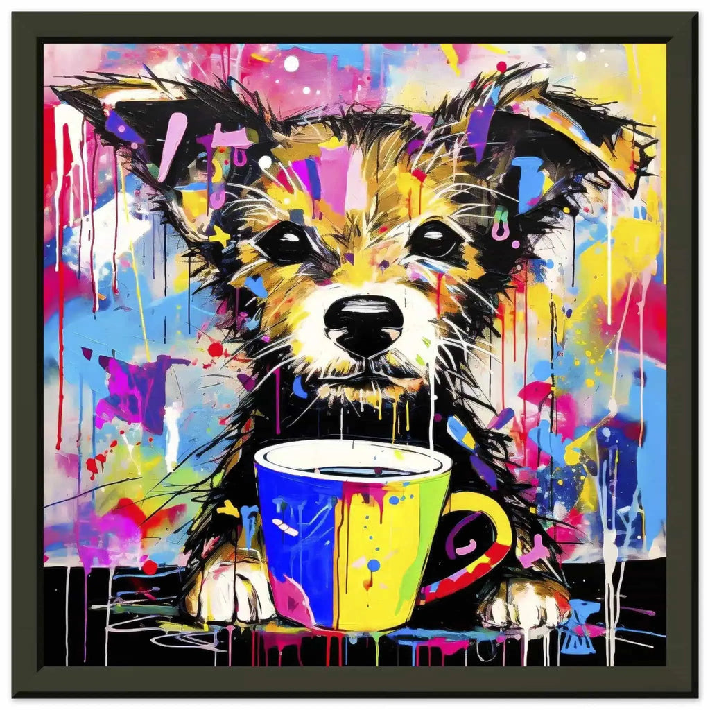 Black metal framed print of a puppy holding a cup of coffee with colorful paint splatters. Puppuccino Picasso-Graphique Addictions.