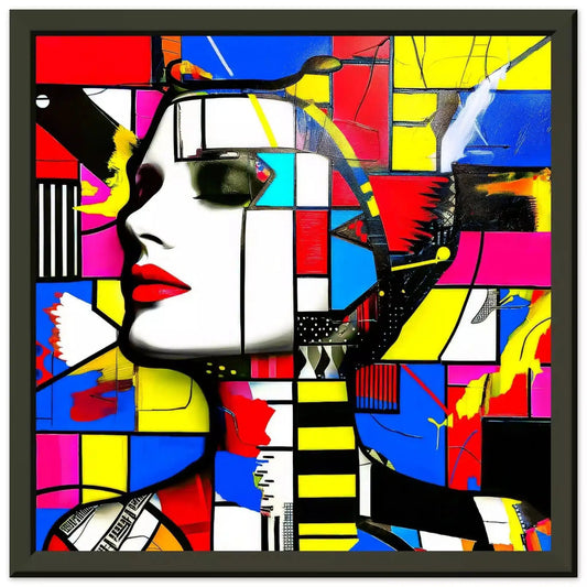 Face with bold geometric patterns in red, blue, yellow, and pink, evoking futuristic charm. Black Metal Framed Print-Technicolor Temptress-Graphique Addictions