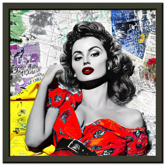 Sophia Lauren in red dress surrounded by colorful newspaper clippings and maps. Black Metal Framed Print-Vintage Starlet-Graphique Addictions