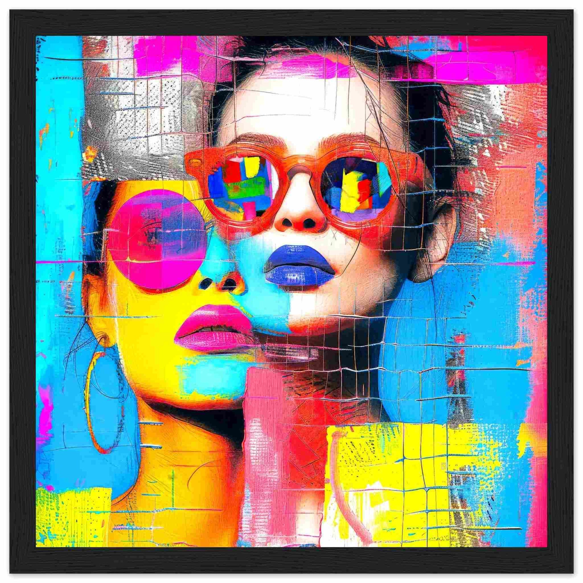 Black wooden frame of colorful geometric art collage of woman with sunglasses. Abstract Duo-Graphique Addictions.