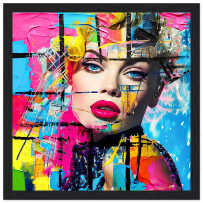 Chroma Blended Fusion: Abstract portrait of a woman surrounded by neon geometric shapes and glitch effects in a black wooden frame-Graphique Addictions.