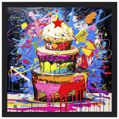 Chromatic Cake Confection: Multi-tiered birthday cake with colorful frosting dripping down its sides, neon paint splashes in a black wooden frame. Graphique Addictions.