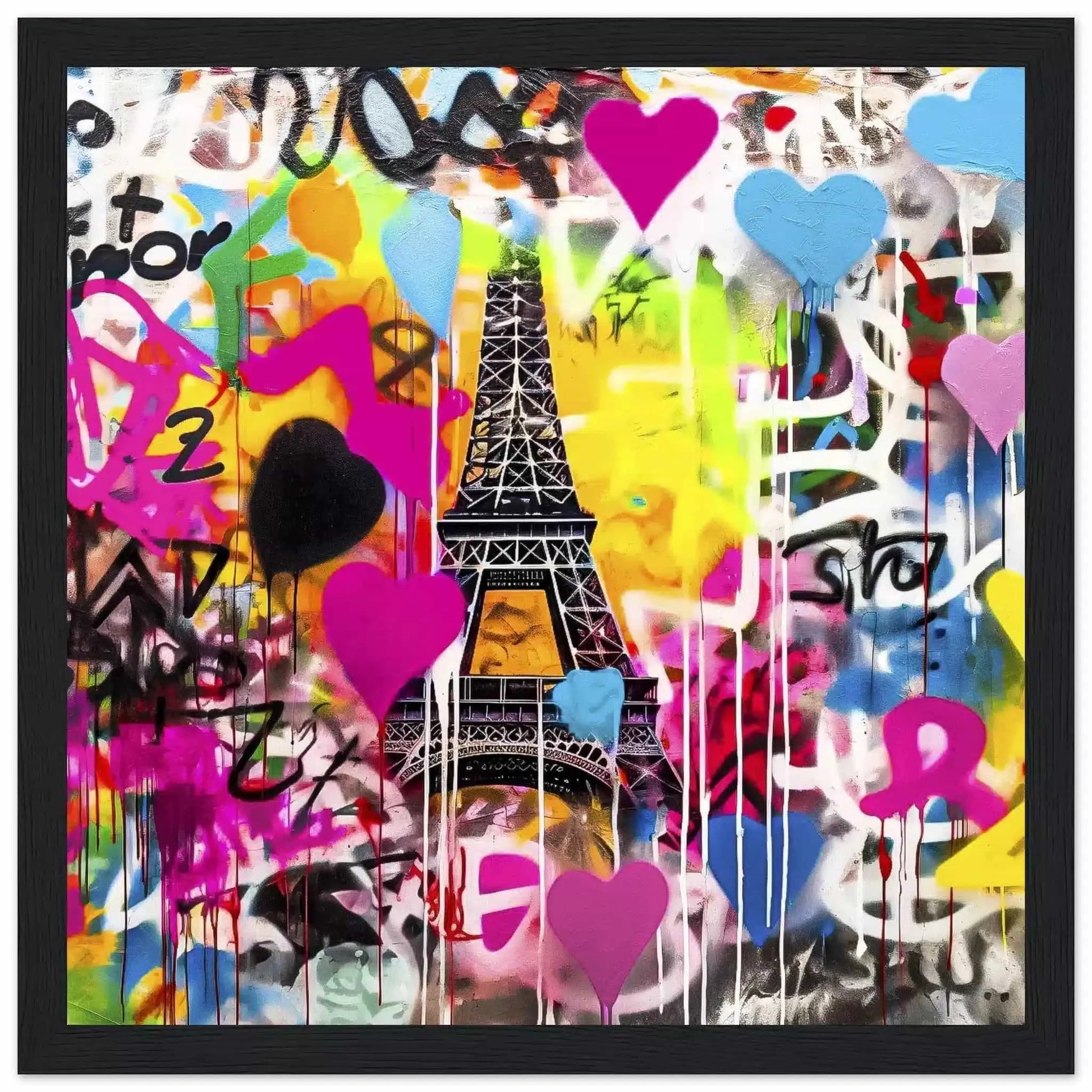 Black wooden framed graffiti art print of the Eiffel Tower with colorful splashes, drips, and bold hearts in bright pink, blue, yellow, orange, and black-and-white. Title: Graffiti Paris-Graphique Addictions.