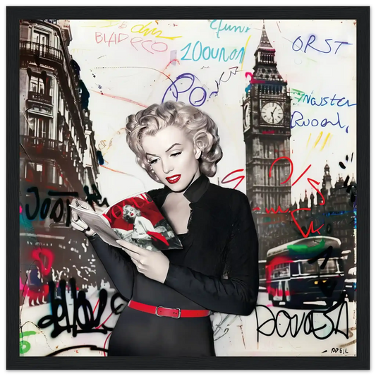 Black and white art of Marilyn Monroe in London with vibrant red lips, Big Ben behind her, and colorful graffiti.-black-12x12-inches-wooden-framed-print-marilyn-in-london, Graphique Addictions