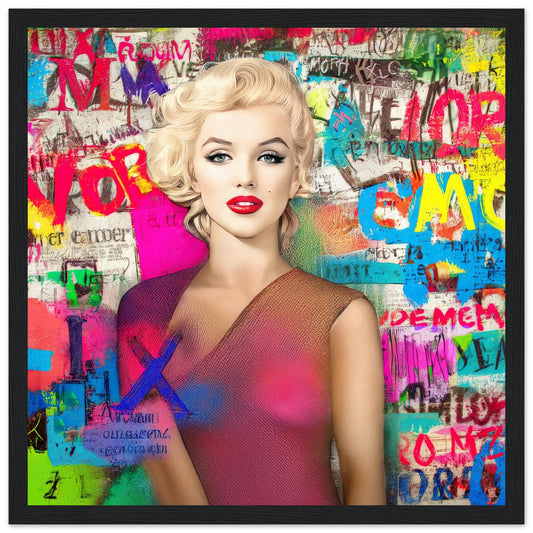 black wooden framed print of colorful artwork of marilyn monroe wearing a pink dress with graffiti-style letters. Marilyns Letter Chaos-Graphique Addictions.
