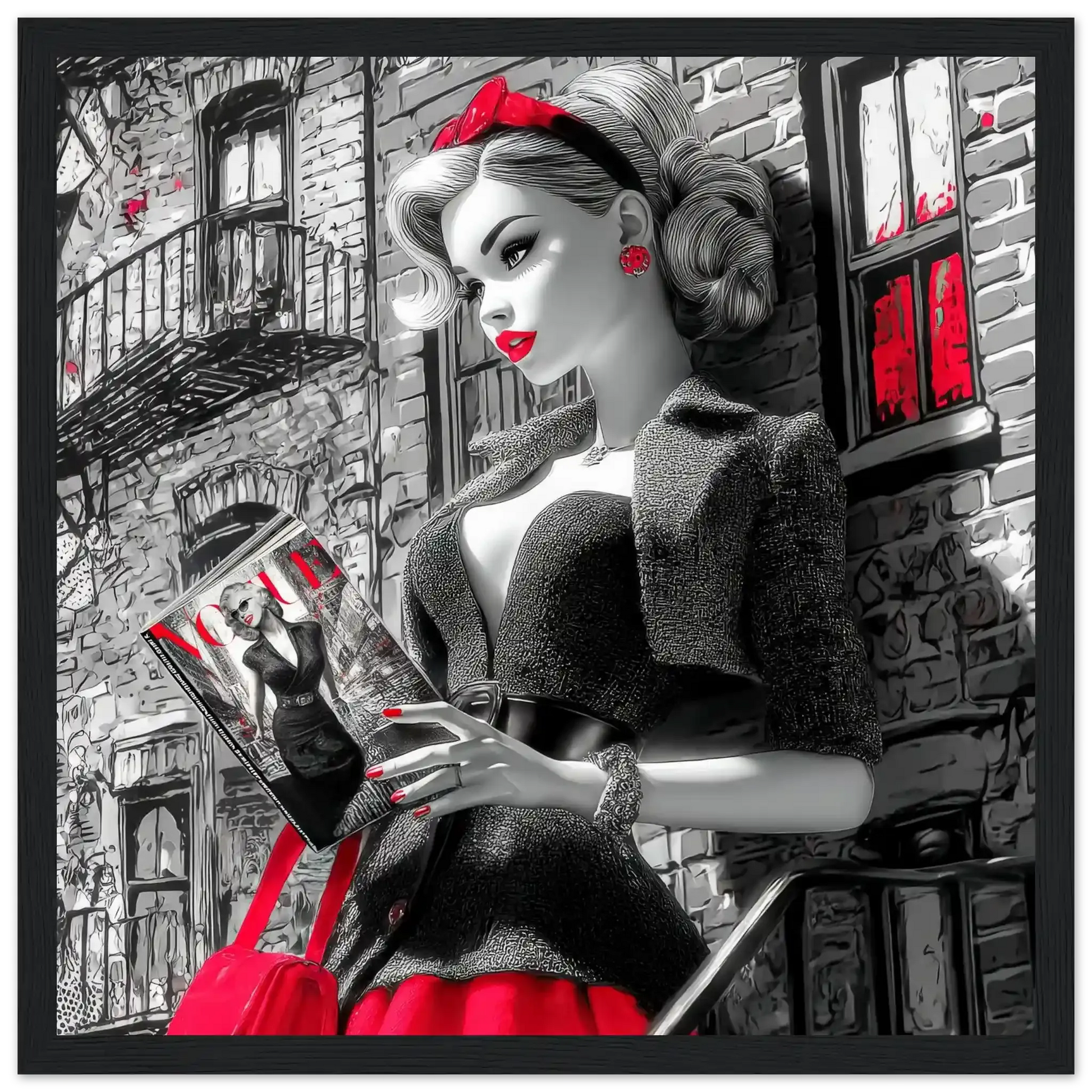 Black and white art of a fashion doll wearing a red skirt and black blazer, on a NYC street corner holding a magazine-black-12x12-inches-wooden-framed-print-nyc-noir-doll, Graphique Addictions