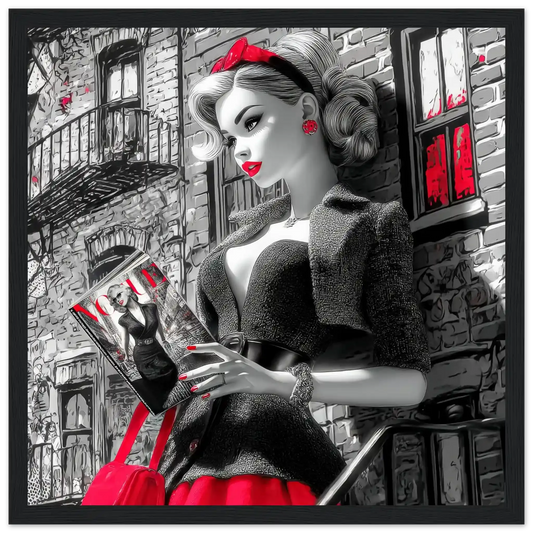 Black and white art of a fashion doll wearing a red skirt and black blazer, on a NYC street corner holding a magazine-black-12x12-inches-wooden-framed-print-nyc-noir-doll, Graphique Addictions