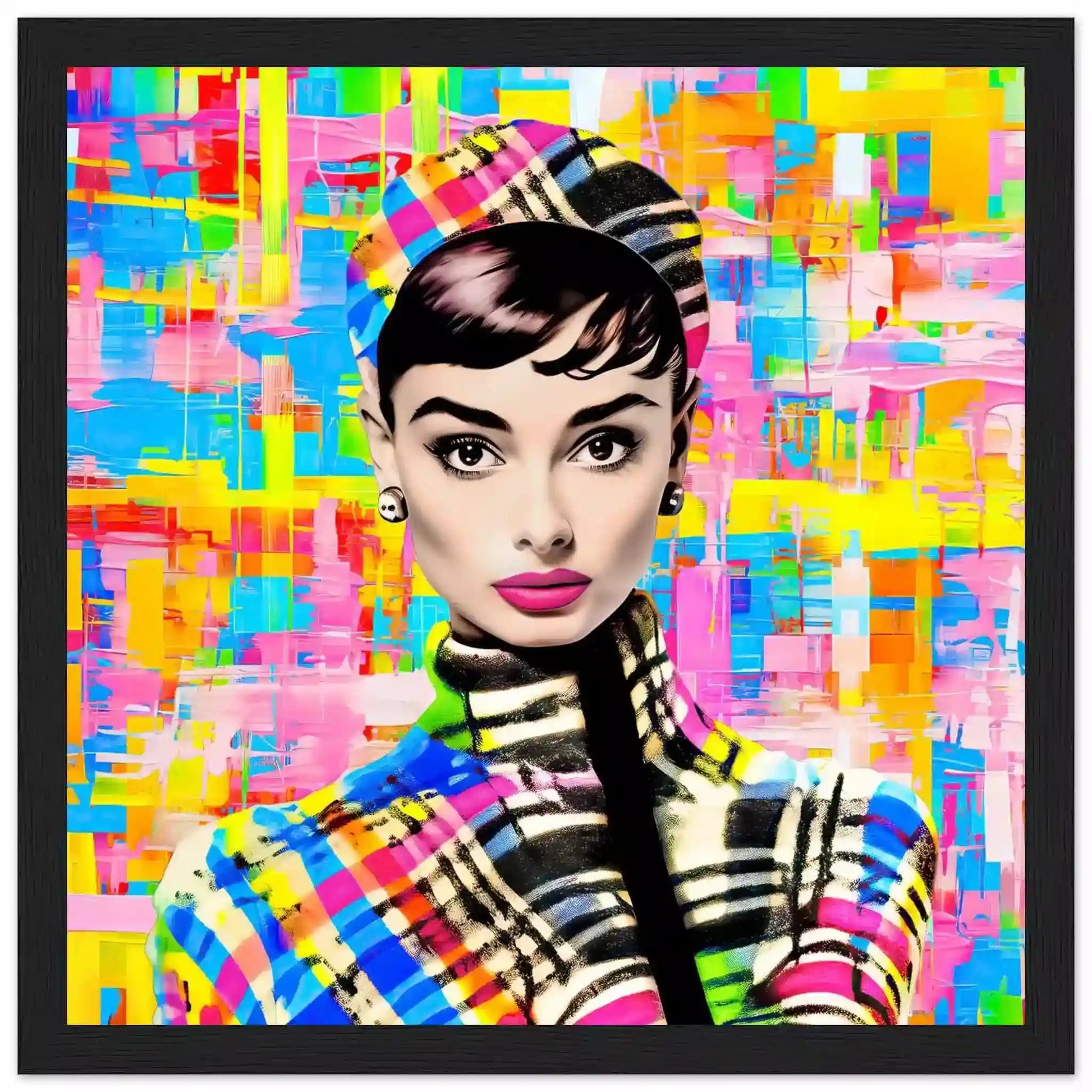 Black wooden framed print featuring Audrey Hepburn on Multicolored Plaid Background.
