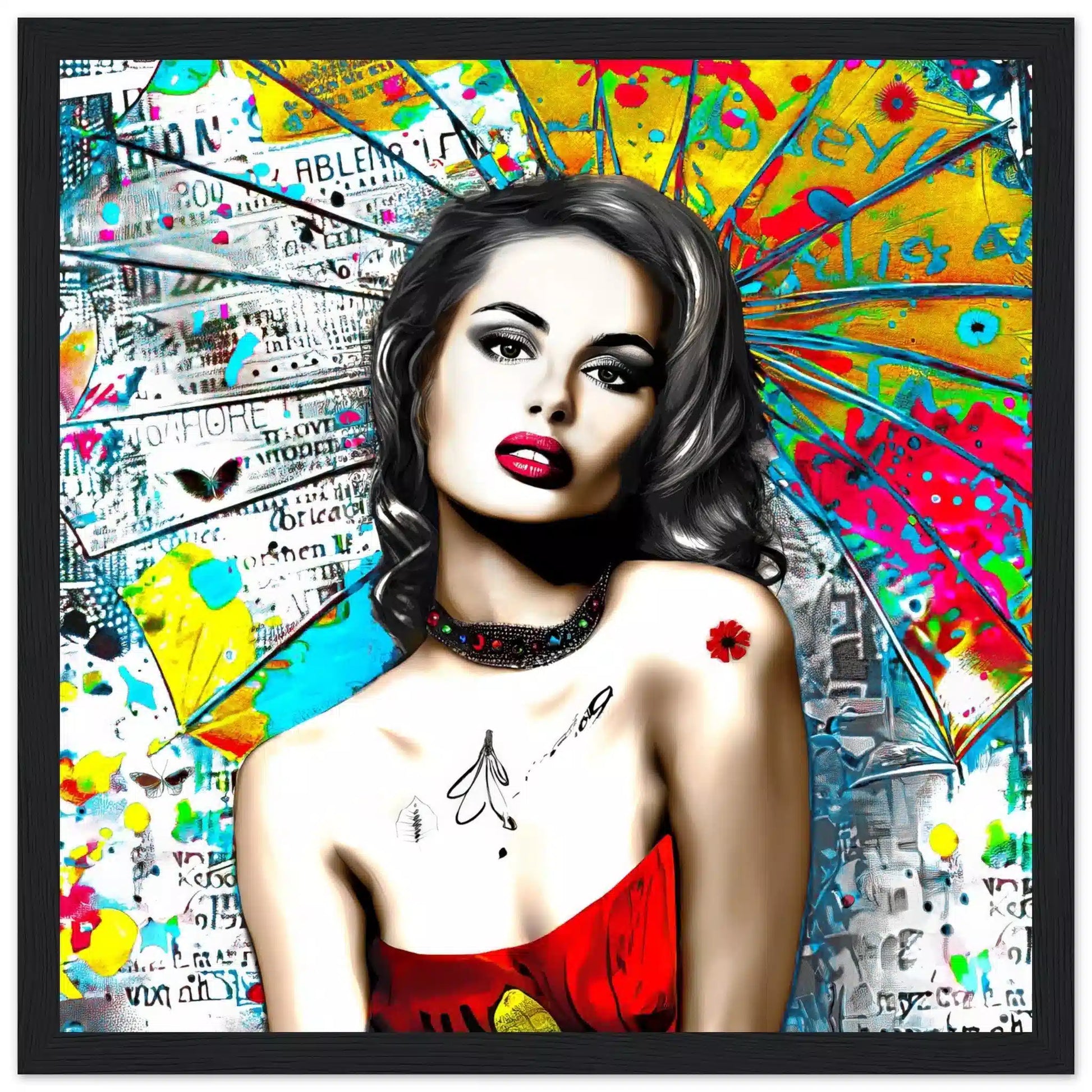Black wooden frame of woman against vibrant graffiti ink and vibrant colors. Umbrella Ink Pop-Graphique Addictions.