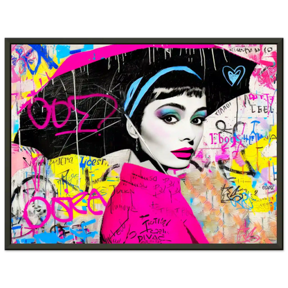 Black metal framed print of colorful graffiti pop art portrait of Audrey Hepburn holding an umbrella. Graffiti Drizzle, Graphique Addictions.