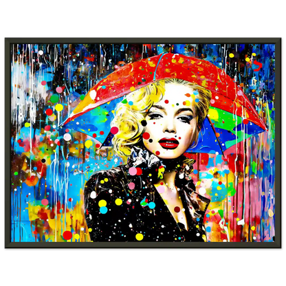 Black metal framed print of Marilyn Monroe with an umbrella and colorful painted rain drops. Splash of Elegance-Graphique Addictions.
