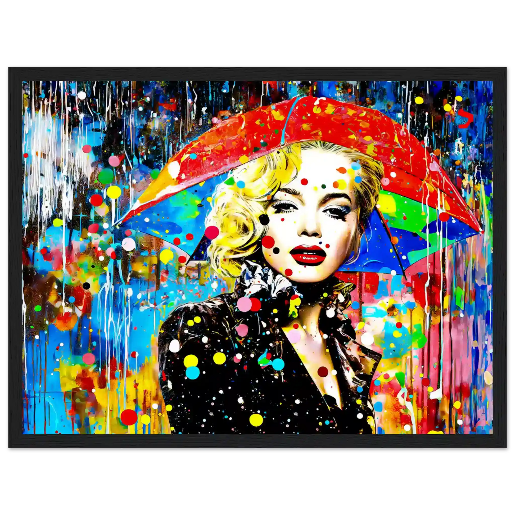 Black wooden framed print of Marilyn Monroe with an umbrella and colorful painted rain drops. Splash of Elegance-Graphique Addictions.